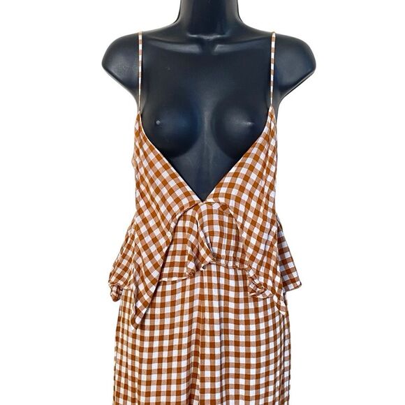 Saylor Laken Sparrow Brown White Gingham Peplum Tie Front Jumpsuit Sz M - Picture 6 of 16